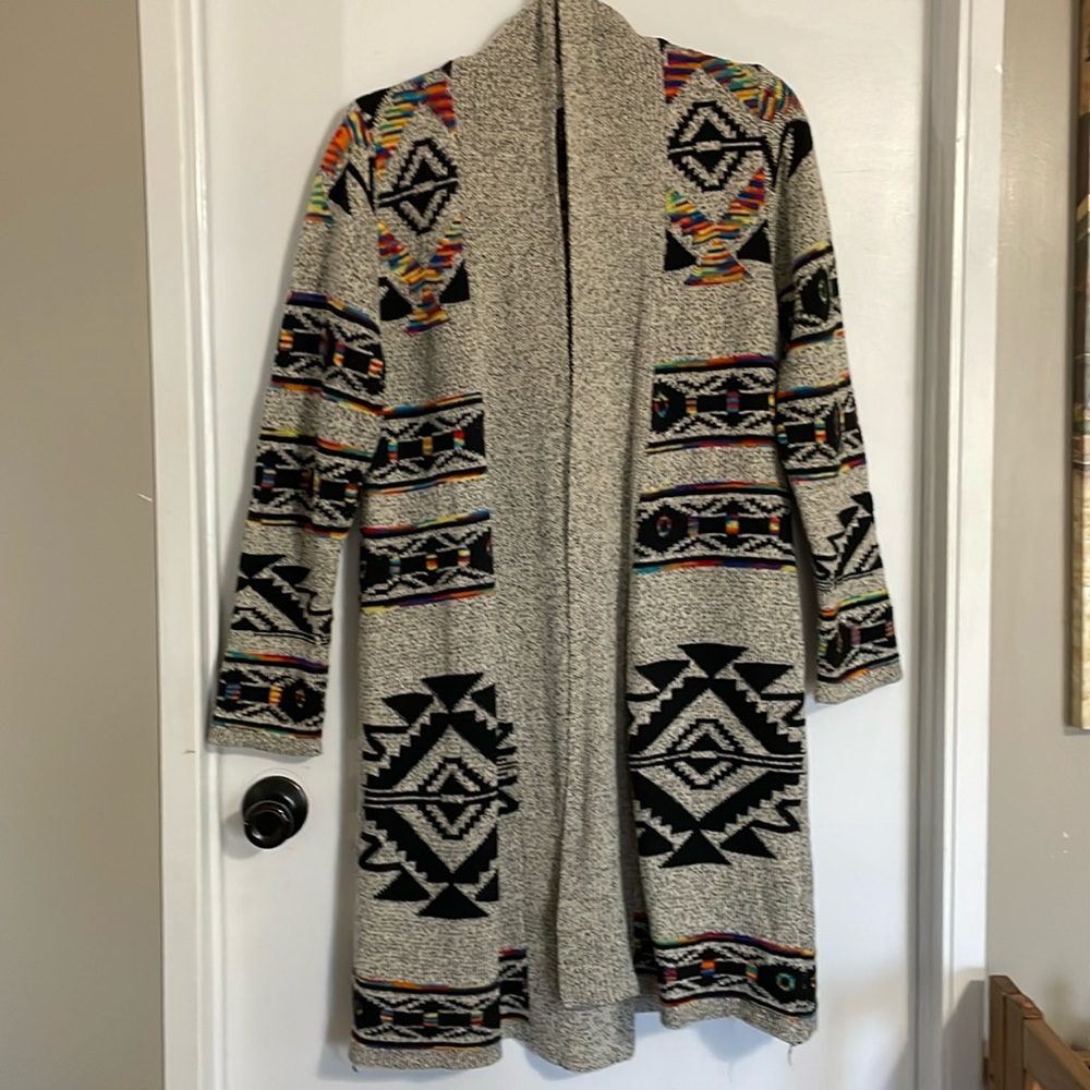 NWOT Phoenix print- long sweater cardigan. Sz L